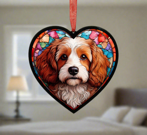 Cavapoo Brown & White Stained Glass Effect Heart Suncatcher